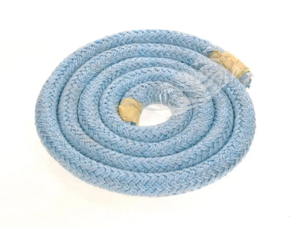 Blaue Dichtschnur in spiralförmiger Wickelung, teilweise mit Kunststofffolie umwickelt, zur Verwendung in Brennkammern, möglicherweise von der Marke Bosch.
